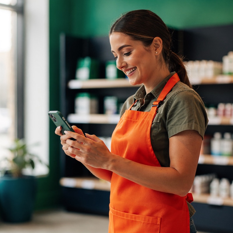 Retail employee checking her health results on her phone