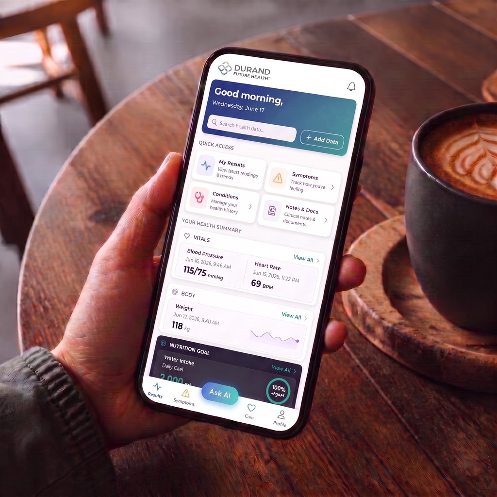 Durand Future Health dashboard on a phone at a coffee shop table